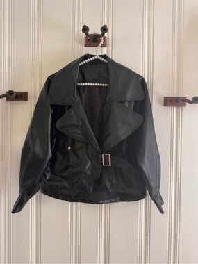 Women's Black Faux Leather Belted Jacket